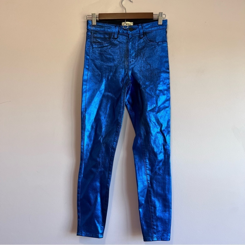 L'AGENCE MARGOT SKINNY HIGH RISE NAVY ROYAL BLUE FOIL METALLIC PANTS HOLIDAY  26 - Picture 4 of 12